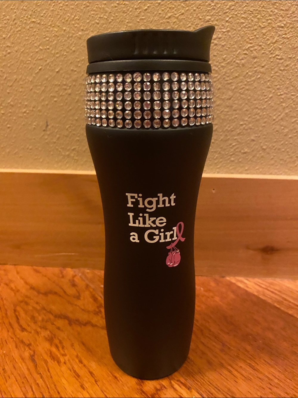 Bling Black Travel Tumbler - "Fight Like a Girl" Pink Ribbon